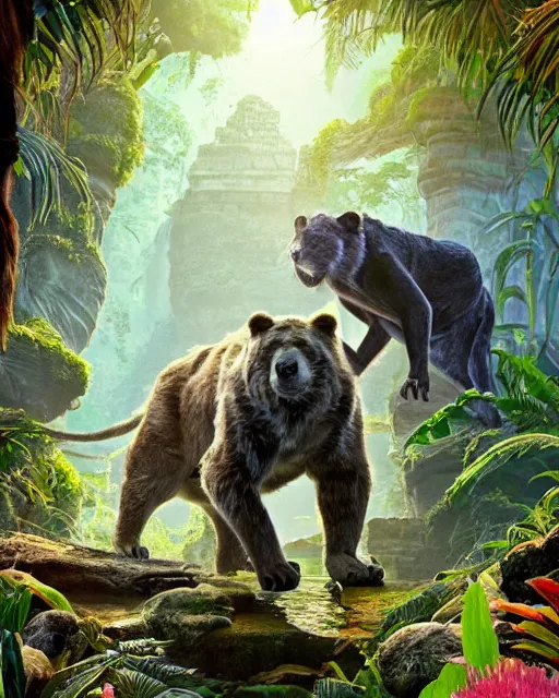 Image similar to still from the jungle book if made by elon musk and bill gates, portrait, illustration, rim light, top light, summer clear blue sky, perfectly shaded, soft painting, epic, intricate, art