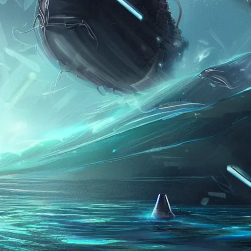 Image similar to a city under the ocean on an alien world, and a whale who feels disconnected from it wistfully watching a spaceship fly away, sci-fi digital art,