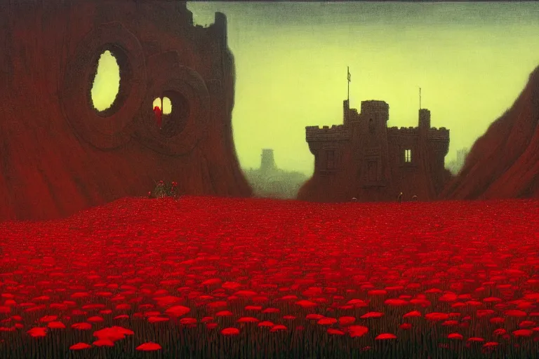 Image similar to only with red, red flowers of different types, a castle in the background, red orcs and trolls dance over the flowers, in the style of beksinski, part by hopper, part by rodcenko, part by hofbauer, intricate composition, red by caravaggio, insanely quality, highly detailed, masterpiece, red light, artstation, 8 k