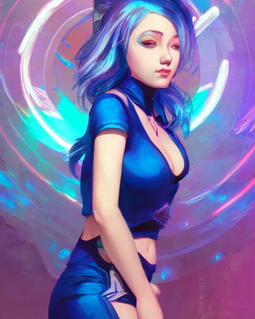 Image similar to pretty girl with blue hair, dj girl, in a club, laser lights background, sharp focus, digital painting, 8 k, concept art, art by wlop, artgerm, greg rutkowski and alphonse mucha