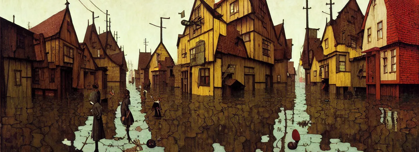 Prompt: flooded old wooden city street, very coherent and colorful high contrast masterpiece by norman rockwell franz sedlacek dean ellis simon stalenhag rene magritte gediminas pranckevicius hieronymus bosch, dark shadows, sunny day, hard lighting, reference sheet white background