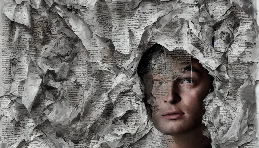 Prompt: rendered in blender trash bag on his head and crumpled paper as a texture, collage paper and tape, slit - scan photography, high resolution, cinematic, unreal 6, breathtaking detailed