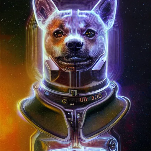 Image similar to tesla power armor realistic cyborg anthropomorphic shiba inu scifi kirlian photography electric field glowing, cyberpunk x - ray, portrait art by donato giancola and greg rutkowski, realistic face, x - ray fields glowing in tesla electricity visible magnetic field, digital art, trending on artstation, symmetry