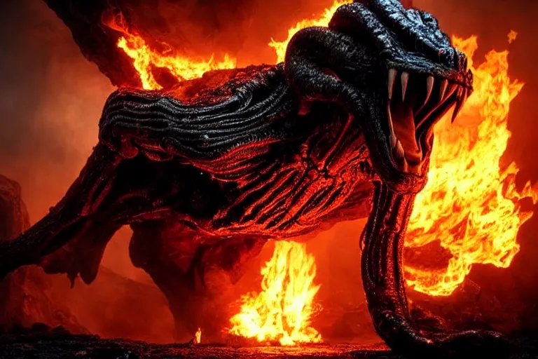 Image similar to movie still, enormous balrog roaring fire at the bridge of khazad - dum, style of h. r. giger, fiery, dark, realistic movie still, cinematic, cgi,