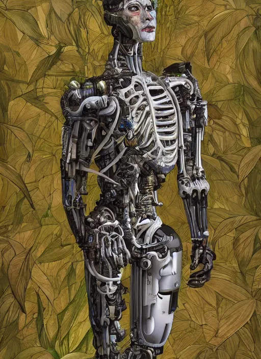 Prompt: hyper - detailed fine painting of a humanoid cyborg half cybernetic and half made of plants and wood, concept art magical highlight