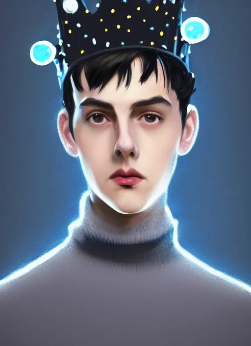 Image similar to portrait of teenage jughead jones wearing a light grey crown, crown, blue turtleneck, 1 9 5 0 s, closed eyes, photorealistic, black hair, glowing lighting, intricate, elegant, glowing lights, highly detailed, digital painting, artstation, concept art, smooth, sharp focus, illustration, art by wlop, mars ravelo and greg rutkowski