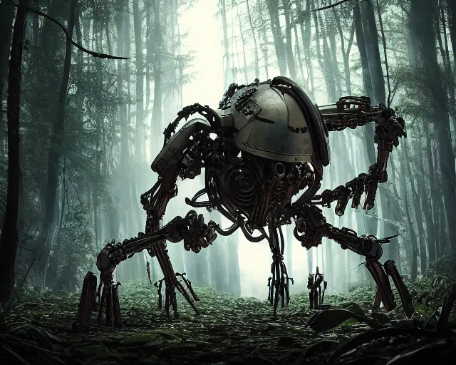 Prompt: photo of starwars general grievous with heavy duty biomechanical hydraulic cybernetic body and 4 arms holding unsheated lightsabers in the forest. cyberpunk horror style. highly detailed 8 k. intricate. nikon d 8 5 0 5 5 mm. award winning photography. art by hr giger