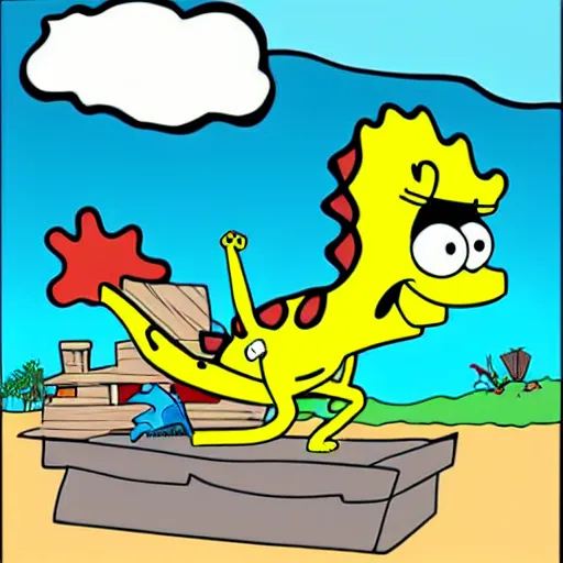 Image similar to spongebob riding a dinosaur, cartoon style