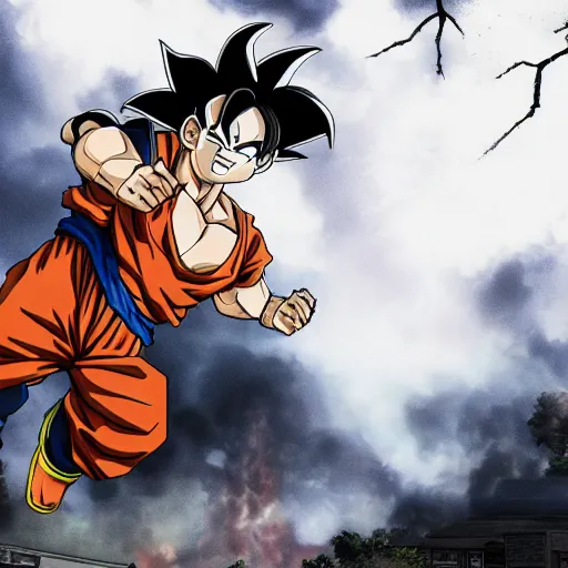 Image similar to a photo of a house burning down in the background and goku with an eerie expression in the foreground, strong depth of field