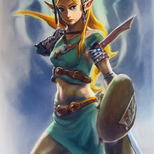 Image similar to an ultra - realistic portrait painting of zelda from the legend of zelda in the style of frank frazetta. 4 k. ultra - realistic. highly detailed. dark fantasy. epic lighting.