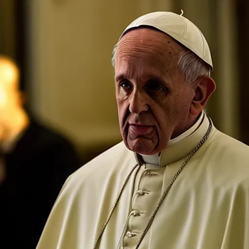 Image similar to movie still, movie frame, the pope as the main character in resident evil