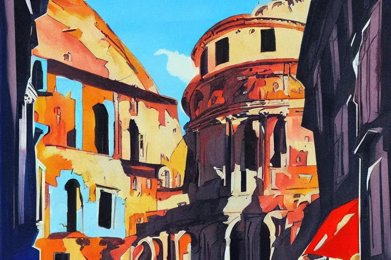 Image similar to !! gouache!! rome in a sunny day, artwork by tooth wu, colorful contrast,!!!! very coherent!!!!, dark shadow, thick lineart