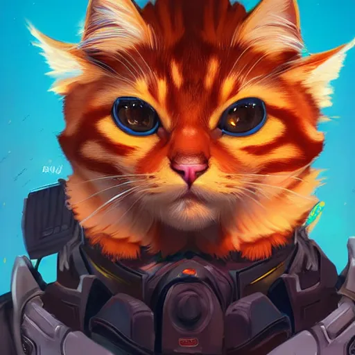 Prompt: ginger cat as overwatch character, digital illustration portrait design, by android jones and greg rutkowski, retrowave color scheme, detailed, cinematic lighting, wide angle action dynamic portrait