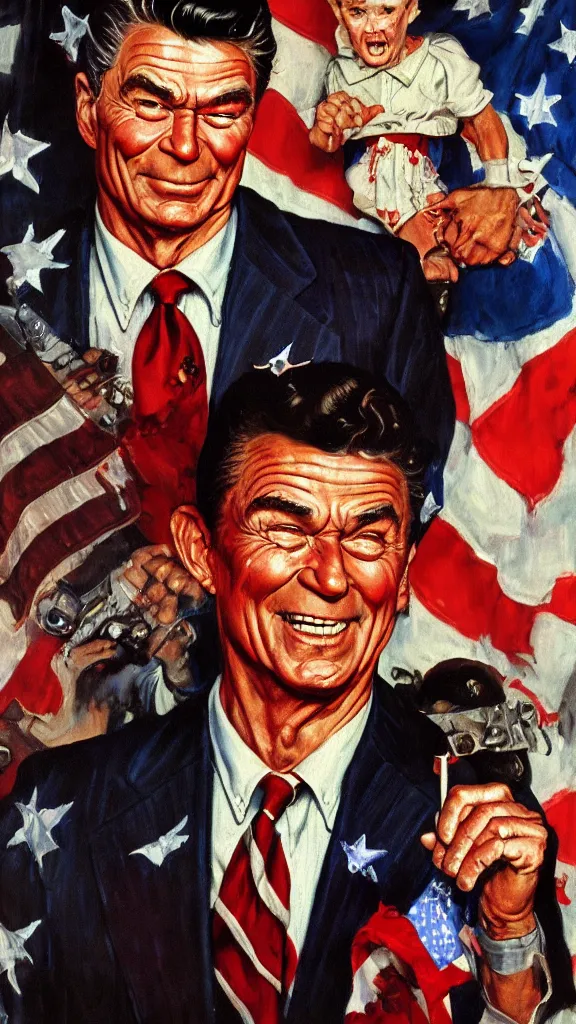 Image similar to ronald regan dressed as satan, painting in the style of norman rockwell, 1 9 5 0 s, evil, hyperrealistic, photorealistic, award - winning, 4 k, ultra hd, artstation, intricate, highly detailed, patriotic, american, usa, dark, gritty