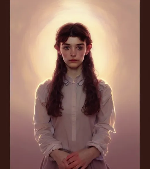 Image similar to portrait of a welsh teenage girl with brown hair, glowing skin, delicate features, amelie poulain, fantasy, small mouth, quiet beauty, intricate, elegant, dress shirt, highly detailed, digital painting, artstation, concept art, smooth, sharp focus, illustration, art by Krenz Cushart and Artem Demura and alphonse mucha