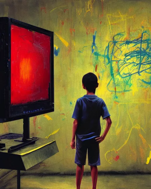 Image similar to an 8 years old enlightened and scared boy standing in front of an old computer with a game doom2 at the monitor screen painted by Adrian Ghenie and Willem de Kooning and Cy Twombly, still from a 2021 movie by James Cameron. expressive acrylic flowing smudged painting