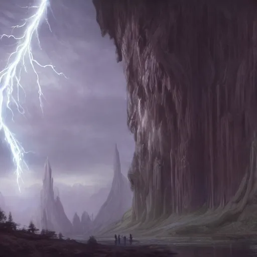 Prompt: a beautiful detailed realistic matte painting of a magical wizard looking towards a serene landscape with an eerie dark magic lightning portal to another dimension, by john howe and alexander skold and andreas rocha. vray, raytracing, detailed lighting, volumetric lighting, cinematic lighting, very wide shot, f 8