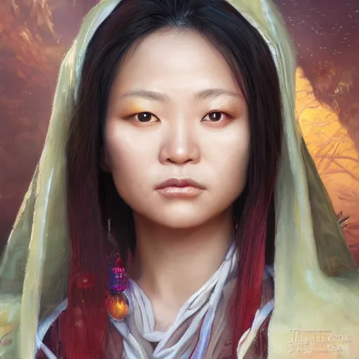 Image similar to portrait of a pancah woman ( 3 5 ) from taiwan in 2 0 2 1, an oil painting by ross tran and thomas kincade