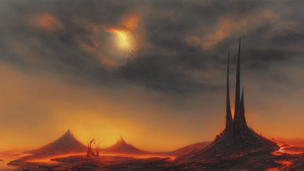 Image similar to morder, flaming eye of sauron in the dark clouds above. by alan lee, intricate, lord of the rings calendar, smooth, detailed terrain, oil painting, trending artstation, concept art, matte painting