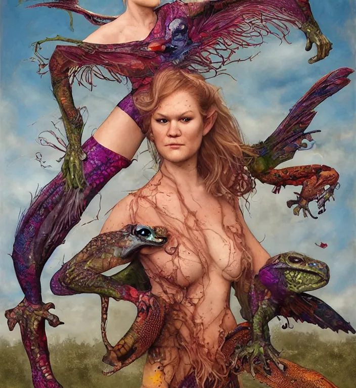 Image similar to a portrait photograph of julia stiles as a colorful harpy super hero with slimy reptile skin. she is trying on a amphibian organic wetsuit and transforming into a feathered alien beast. by tom bagshaw, donato giancola, hans holbein, walton ford, gaston bussiere, peter mohrbacher and brian froud. 8 k, cgsociety