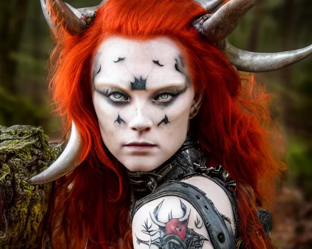 Image similar to 5 5 mm portrait photo of an armored redhead woman warrior with a face tattoo and horns growing from her head, in a magical forest. by luis royo. highly detailed 8 k. intricate. lifelike. soft light. nikon d 8 5 0. cinematic post - processing