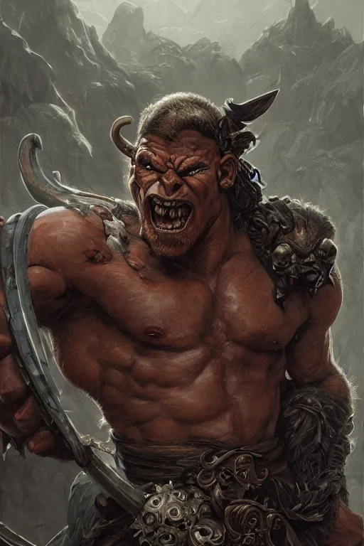 Prompt: portrait of a hulking herculean orc demon barbarian pirate, male, masculine, upper body, belt of skulls, fantasy, frown,, intricate, elegant, highly detailed, digital painting, artstation, concept art, sharp focus, illustration, art by artgerm and greg rutkowski and alphonse mucha