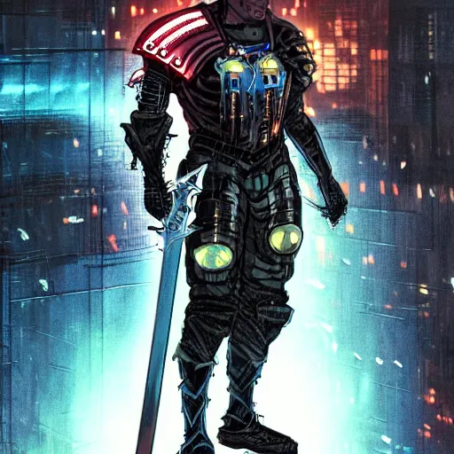 Prompt: a cyberpunk knight in heavy armor holding a large sword in a cyberpunk setting, comic book art, cyberpunk, art by stan lee,, colorful, bright high tech lights, dark, moody, dramatic, 8 0 s vibe, neon lines marvel comics, dc comics