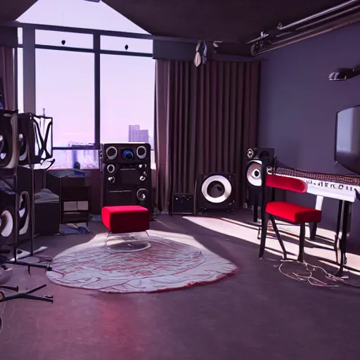Image similar to A screenshot of a Virtual Reality music studio, living room vibe, Paris loft style, red velvet furniture, light rays coming out of the windows, raytracing, highly detailed, futuristic, unreal engine 5, photoscanned, photorealistic,