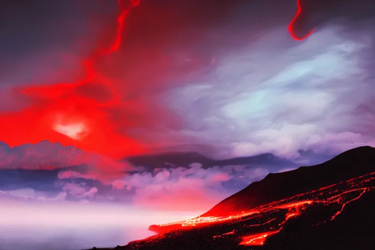 Image similar to a detailed volcanic landscape , violent clouds in the sky with glowing red eyes in the sky