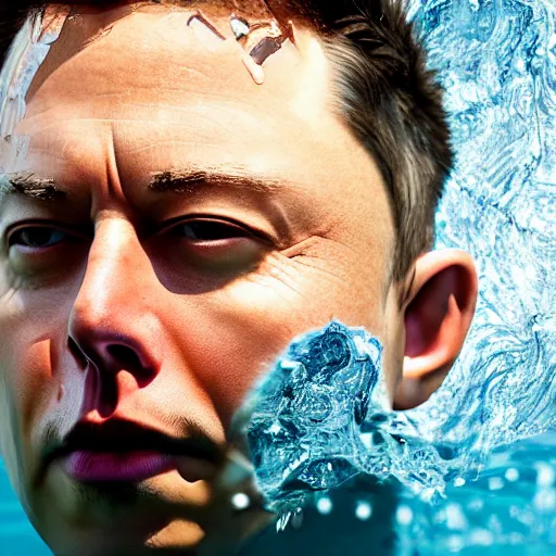 Image similar to water artwork manipulation in the shape of the head of elon musk, on the ocean water, ray tracing, realistic water sharp focus, long shot, 8 k resolution, cinematic, amazing water art