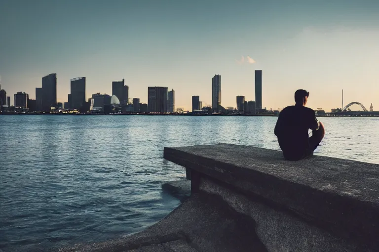 Image similar to A man sitting on a jetty, city in the background, cinematic lighting