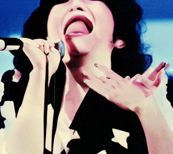 Prompt: photo of singer singing in an japan 1 9 8 0 pop big concert, photo by louise dahl - wolfe, color photo, colored