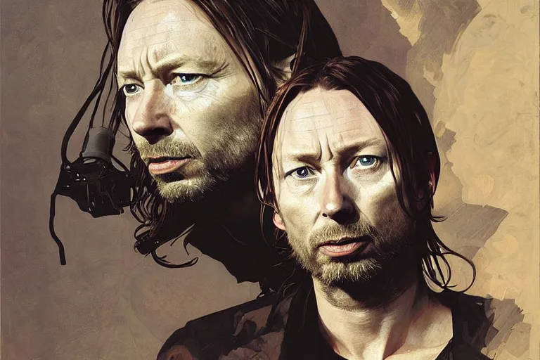 Prompt: hyper realistic portrait of wider faced thom yorke, bigger nose, on a stage, by lee bermejo, alphonse mucha and greg rutkowski