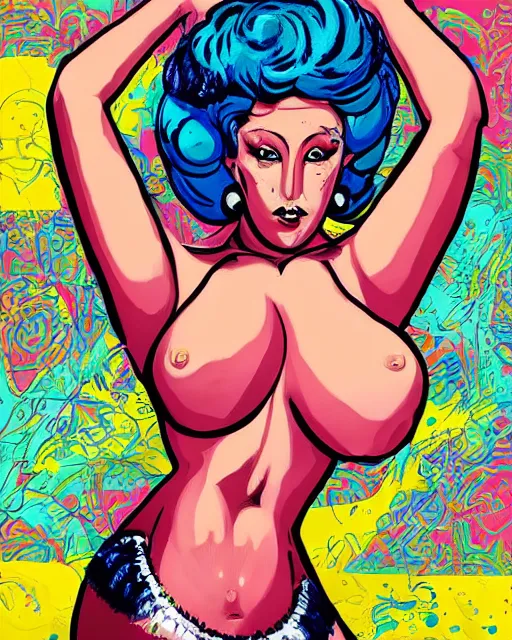 Prompt: upper body pinup of a > > > gorgeous < < < woman, bbw, muscular, wearing vest and miniskirt. pop art, gta. in the style of hannah yata, dan mumford.