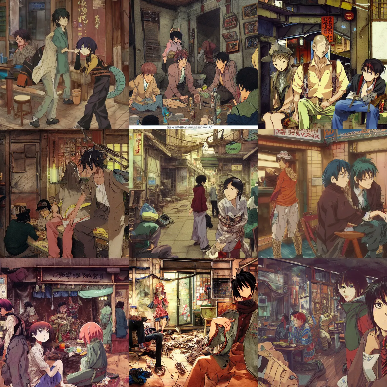 Prompt: an anime about a snake man wearing raggedy clothes and seated in a rundown but crowded and lively tavern, art by yuji ikehata and satoshi kon, background art by miyazaki, realism, proper human male proportions, fully clothed, vhs