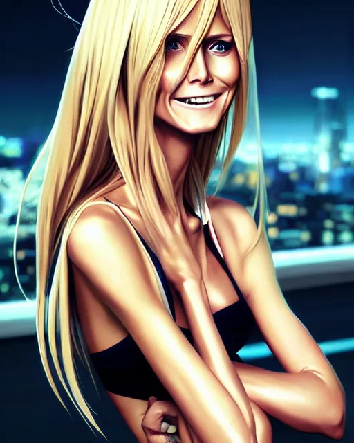 Image similar to portrait of Heidi Klum as Anime girl cute-fine-face, full body! pretty face, realistic shaded Perfect face, fine details. Anime. realistic shaded lighting by Ilya Kuvshinov Giuseppe Dangelico Pino and Michael Garmash and Rob Rey