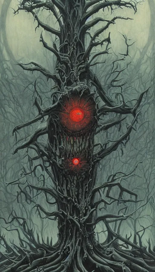 Image similar to a storm vortex made of many demonic eyes and teeth over a forest, by gerald brom,