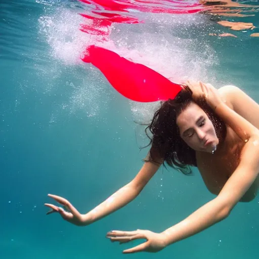 Image similar to woman with a long flowing dress swimming underwater