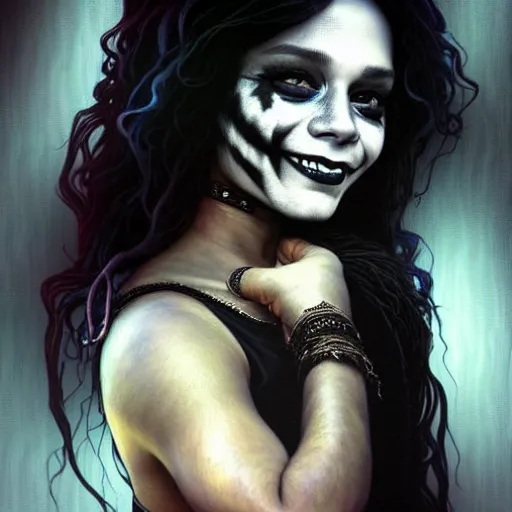 Image similar to beautiful portrait of vanessa hudgens as death from sandman, smiling, by cedric peyravernay, alphonse mucha, by jeremy mann, by lecouffe deharme, goth chic, soft lightning, eyeliner, punk rock, high detailed, 8 k