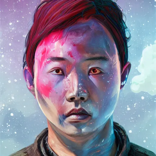 Image similar to colorful character portrait of a chinese prisoner at night lit by the stars, wispy smoke, highly detailed face, very intricate, symmetrical, cinematic lighting, award - winning, painted by mandy jurgens, peter doig, dystopian, bold colors, dark vibes, anime aesthetic, featured on artstation