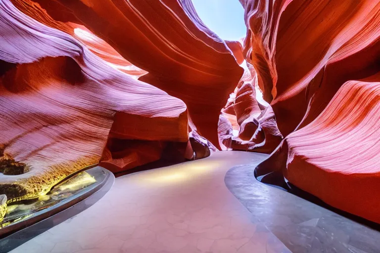 Image similar to futuristic luxurious street with Singaporean lush onsen with royal white and pink and white and luxurious gold colors, advanced civilization, high-end onsen, at the Antelope canyon with rocks formed by water erosion, walls made of beautiful smooth sandstone light beams that shine, polish narrow slots of walls into a striated swirling finish, waterfalls flowing with a volcanic lava eruption, lavs flowing through the land, digital painting, concept art, smooth, sharp focus, from Star Trek 2021, illustration, by WLOP and Ruan Jia and Mandy Jurgens and William-Adolphe Bouguereau, Artgerm