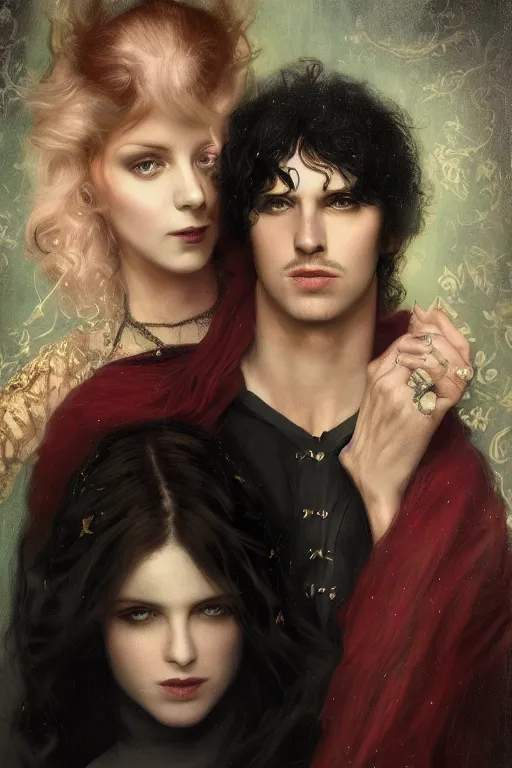 Image similar to a portrait of handsome young male rock star Satan and his elegant beautiful witch wife, bored, illustration, dramatic lighting, soft details, painting oil on canvas, art nouveau, octane render, HDR, 4k, 8k, HD, by Edmund Blair Leighton, Brom, Charlie Bowater, trending on artstation, faces by Tom Bagshaw, Sargent