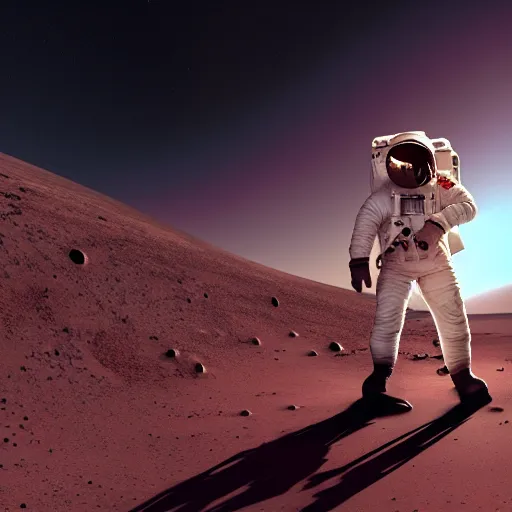 Prompt: ultra realistic photo of an astronaut on Mars walking proudly towards the camera, wide-angle shot, low angle, 4k, 50 mm, synthwave