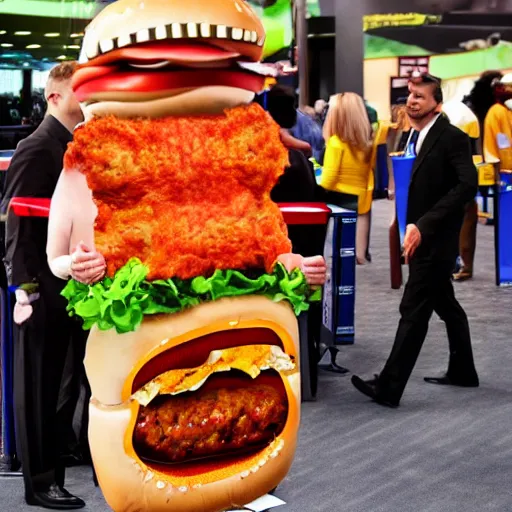 Image similar to MAN DRESSES UP IN A BURGER SUIT ATTENDS FAST FOOD CONVENTION, REALISM, REALISTIC, HDR, CLEAR IMAGE,