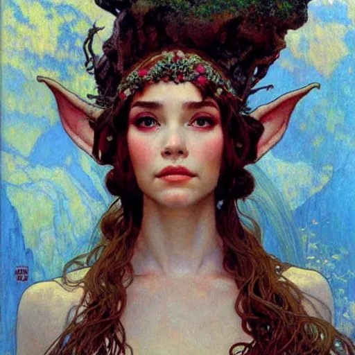 Image similar to head and shoulders portrait of a beautiful elf princess, royo, klimt, miro, vallejo, frazetta, alphonse mucha, greg rutkowski, whealan