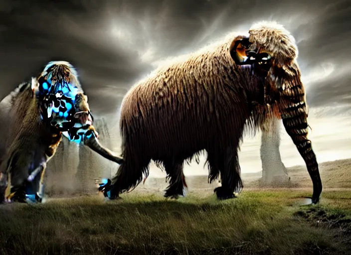 Image similar to hyperrealism, detailed textures, photorealistic, 3 d render, a surreal mystical wooly mammoth grazing, ultra realistic cinematic, intricate, cinematic light, concept art, illustration, art station, unreal engine