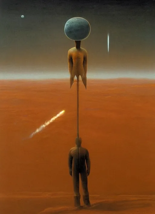 Image similar to A painting in a style of Beksinski featuring Elon Musk on mars. There is a group of rocket in the sky. Very detailed, symmetry