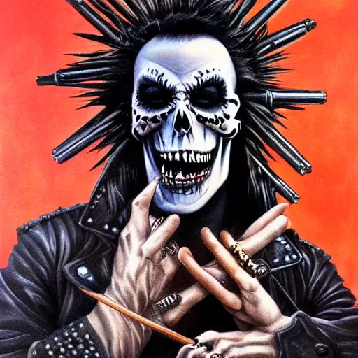 Image similar to a portrait of the grim reaper as a punk rocker, punk, skeleton face, mohawk, dark, fantasy, leather jackets, spiked collars, spiked wristbands, piercings, boots, guitars, motorcycles, ultrafine detailed painting by frank frazetta and vito acconci and takeshi obata, detailed painting