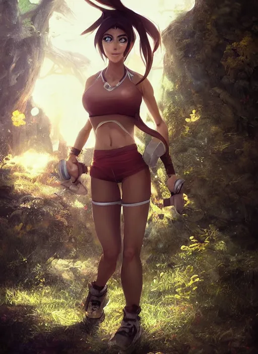 Image similar to fitness taliyah, from league of legends, superb cosplay, au naturel, jungling, exhibant, in shape, hyper detailed, digital art, trending in artstation, cinematic lighting, studio quality, smooth render, unreal engine 5 rendered, octane rendered, art style by klimt and nixeu and ian sprigger and wlop and krenz cushart