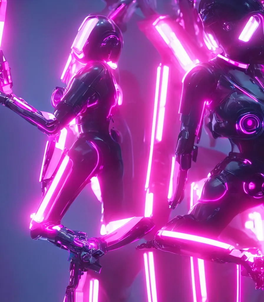 Image similar to cinematic, photography, a beautiful rihanna cyborg, perfect bionic body, pink chrome armor, neon holographic ui data displays, pink space gun, hajime sorayama, masamune shirow, octane rendered, 4 k, lens flare,